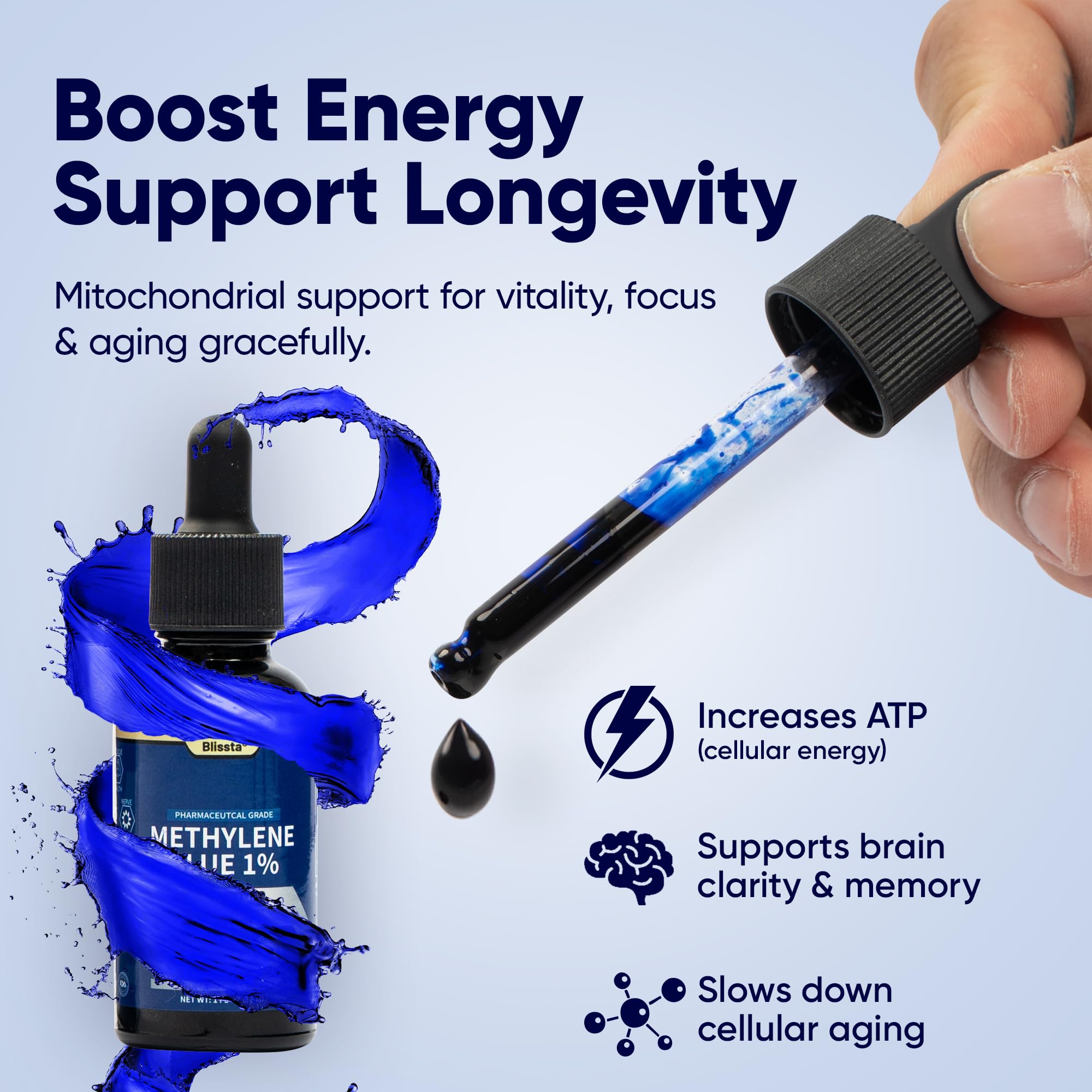 Blissta USP Pharmaceutical Grade Methylene Blue 1% Solution – Third-Party Lab Tested, Formaldehyde-Free, Heavy Metal Free – Nootropic & Cognitive Support – 30ml