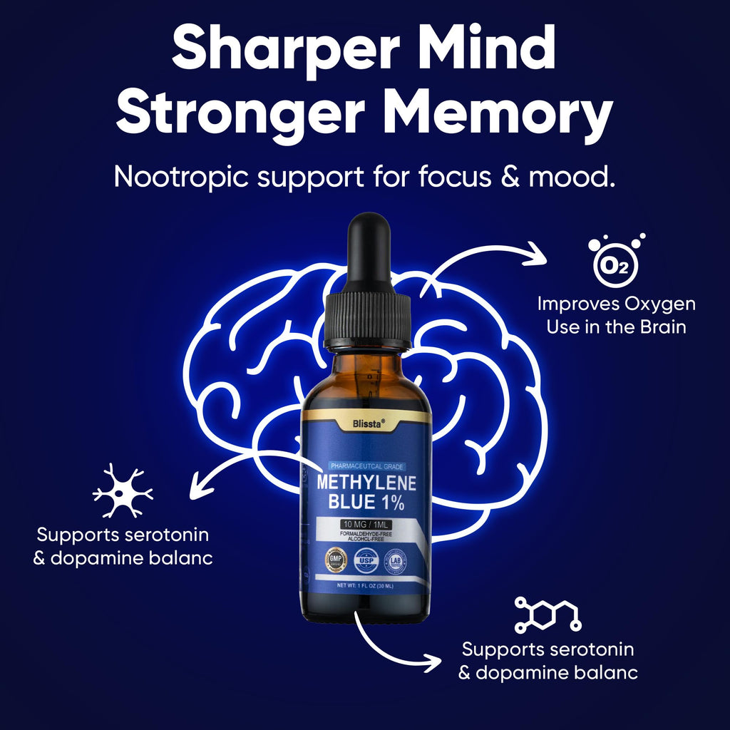 Blissta USP Pharmaceutical Grade Methylene Blue 1% Solution – Third-Party Lab Tested, Formaldehyde-Free, Heavy Metal Free – Nootropic & Cognitive Support – 30ml