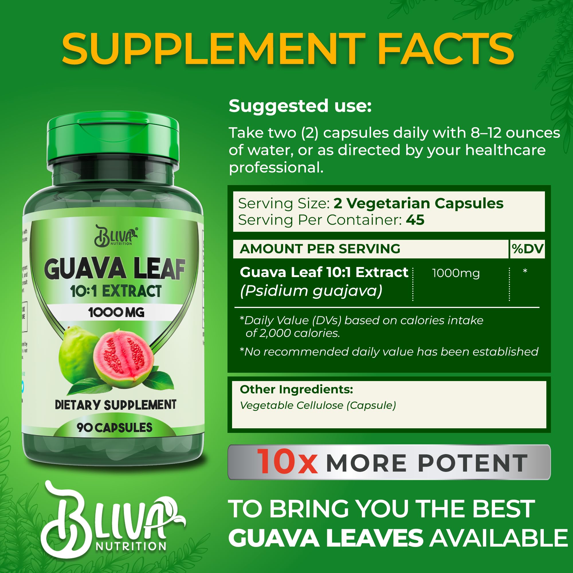 BLIVA Guava Leaf Extract Capsules – 1000 mg (10:1) – 90 Vegetarian Capsules