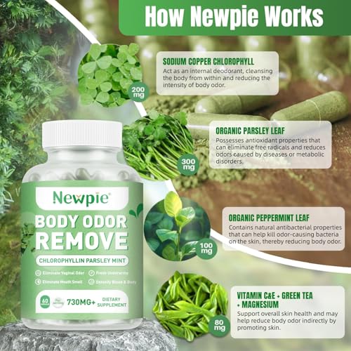 Blltzzz Newpie Body Deodorizing Supplement - Chlorophyll Capsules for Skin, Breath & Odor Control | Vegan, Gluten Free, 60 Capsules