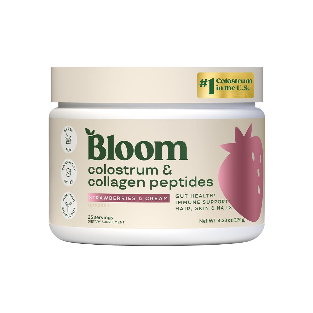 Bloom Nutrition Colostrum Powder with Vitamin B-12 – Gut Health & Immunity (Strawberry, 25 Servings)