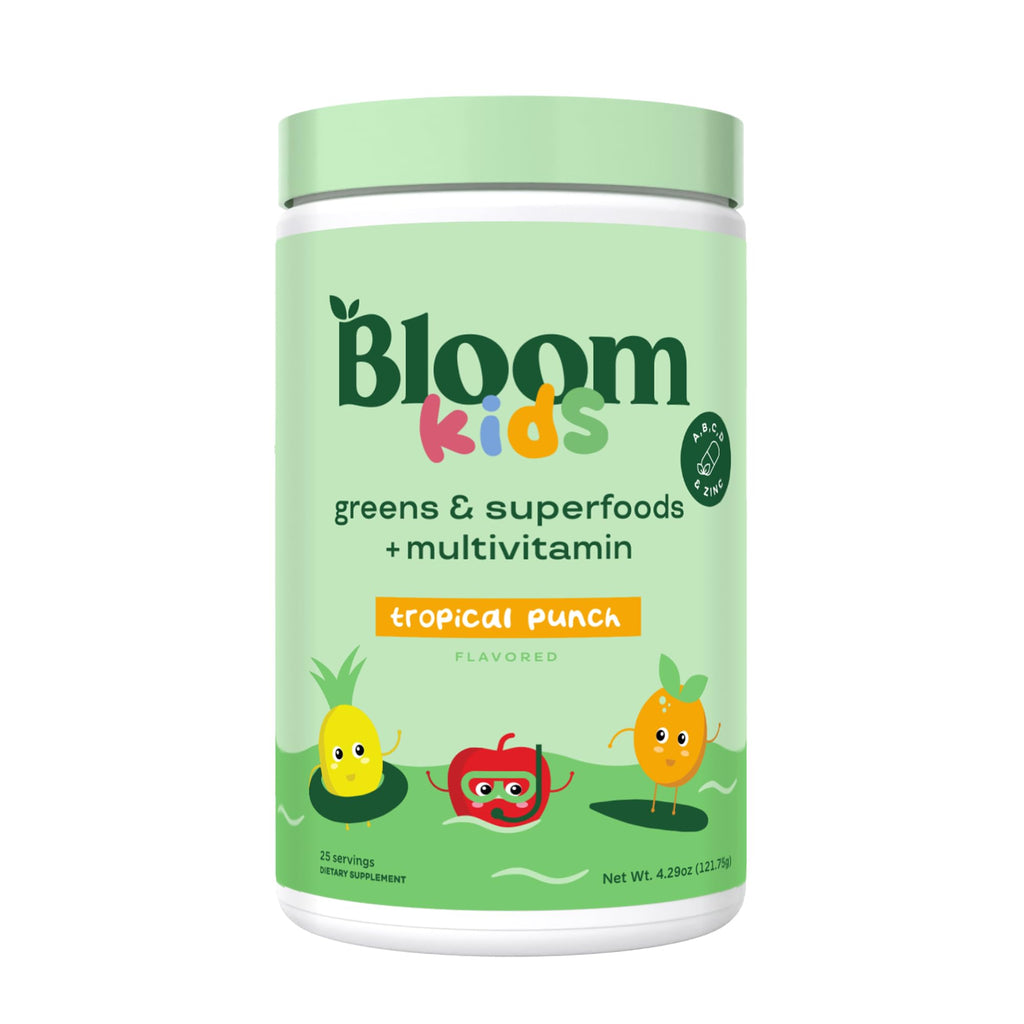 Bloom Nutrition Kids Greens Powder – Digestive Enzymes & Probiotics for Gut Health (Tropical Punch, 25 Servings)