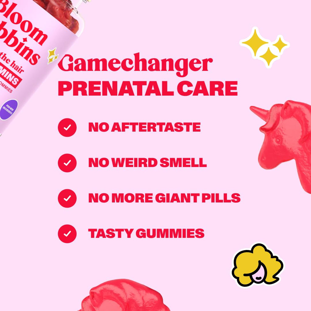 Bloom Robbins Hair Gummy Prenatal Vitamins – Pregnancy Hair Support with Folic Acid & Vitamin B6 (60 Gummies, 3-Pack)