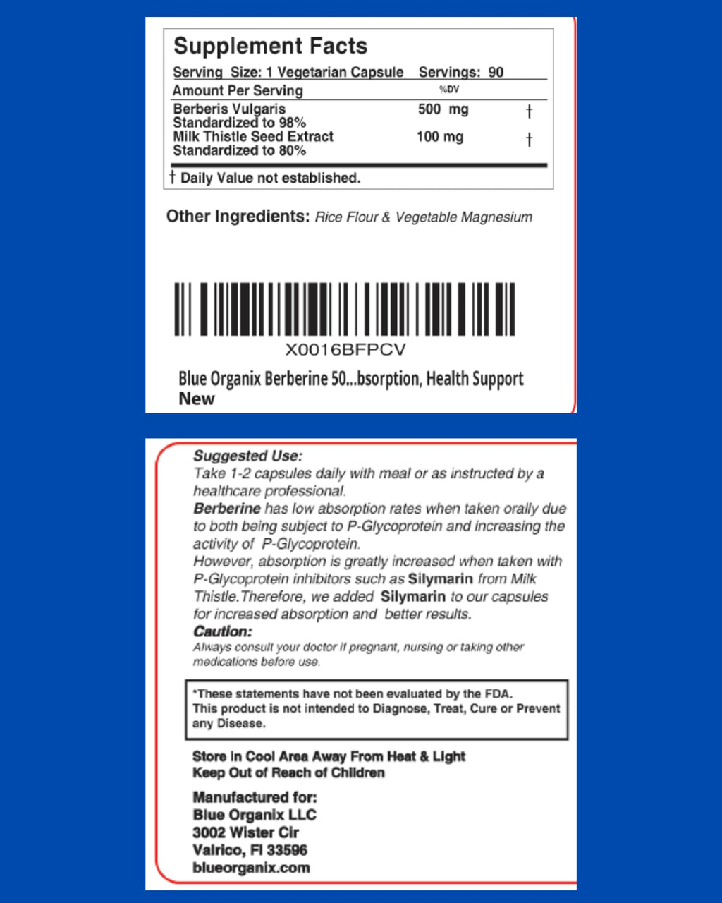 Blue Organix Berberine with Milk Thistle 500mg – HCL Complex Supplement, 90 Vegetarian Capsules