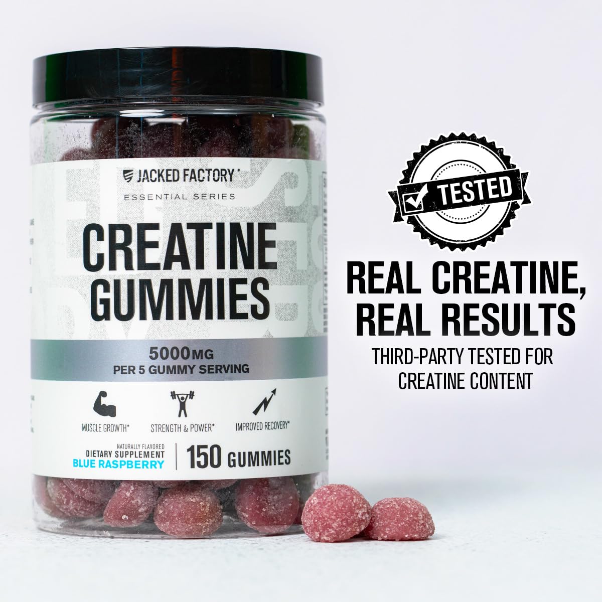 Jacked Factory Creatine Gummies – 5g Daily Dose (1g per Gummy) – Vegan, Third-Party Tested, 150 Gummies, Blue Raspberry