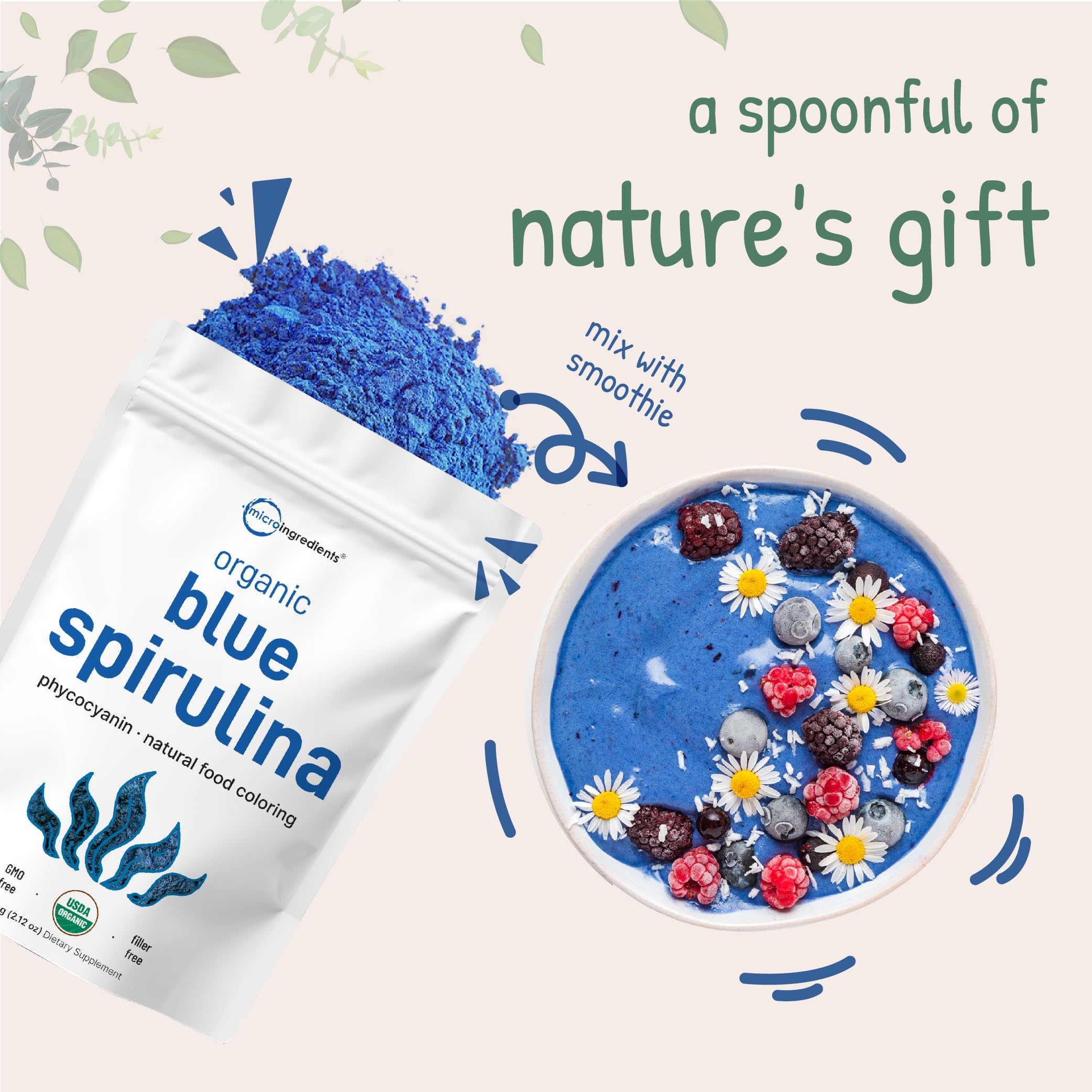 Organic Blue Spirulina Powder (Phycocyanin Extract) – 60 Servings – 100% Vegan