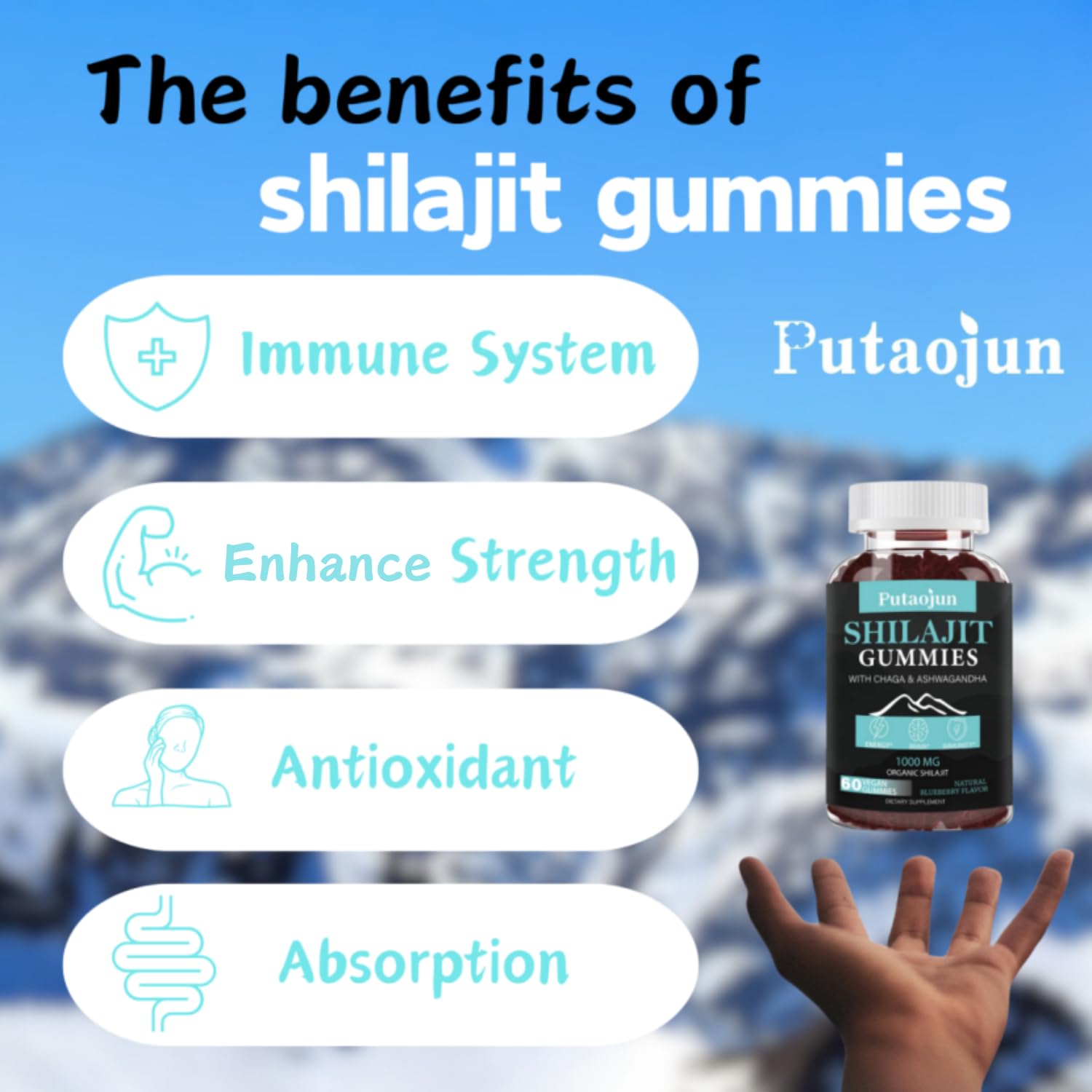 Putaojun Himalayan Gold Shilajit Gummies – 1000mg Shilajit, Ashwagandha, Chaga & Ginseng (For Men, Women & Kids)