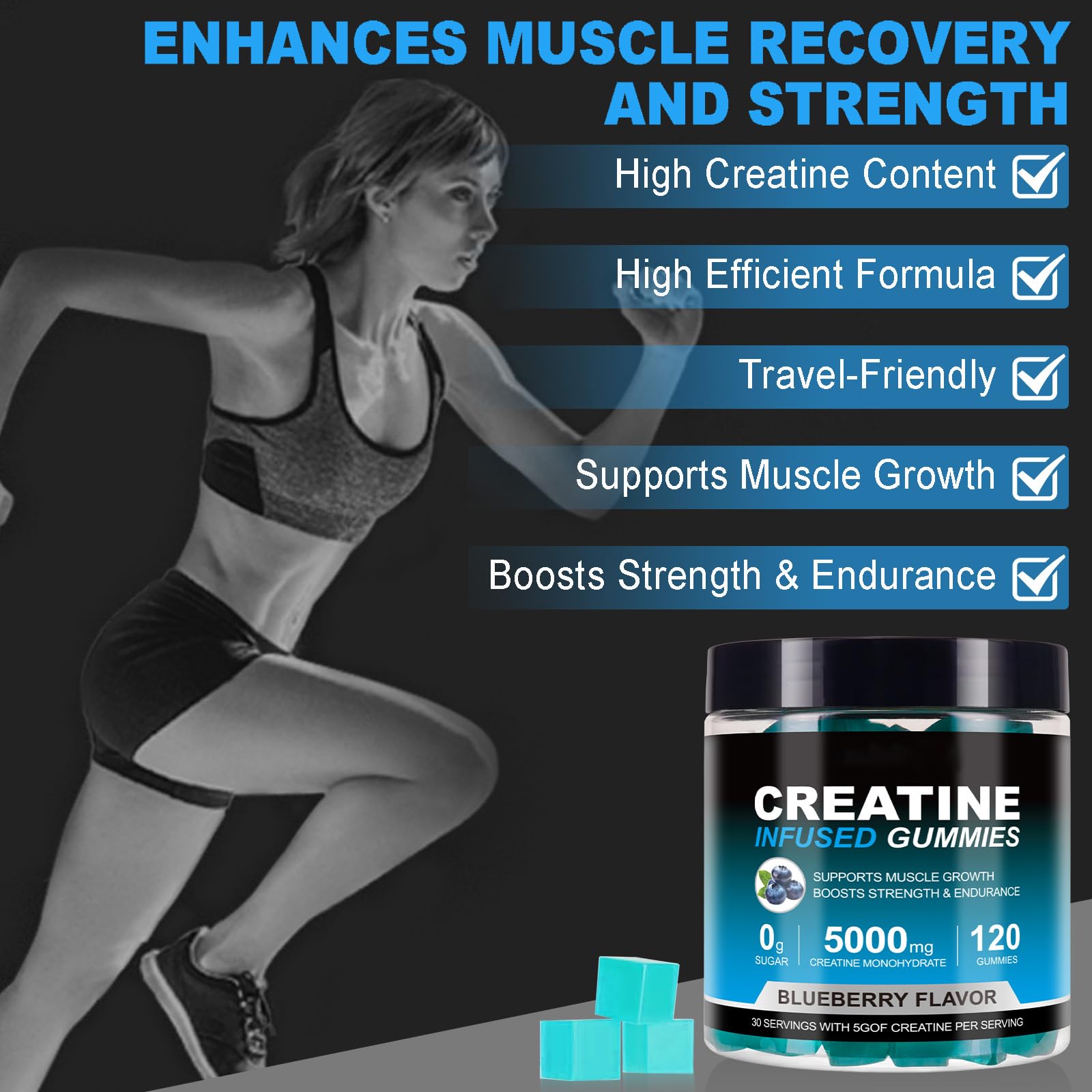 Creatine Monohydrate Gummies 5000mg | 120 Sugar-Free Vegan Chews – Blueberry
