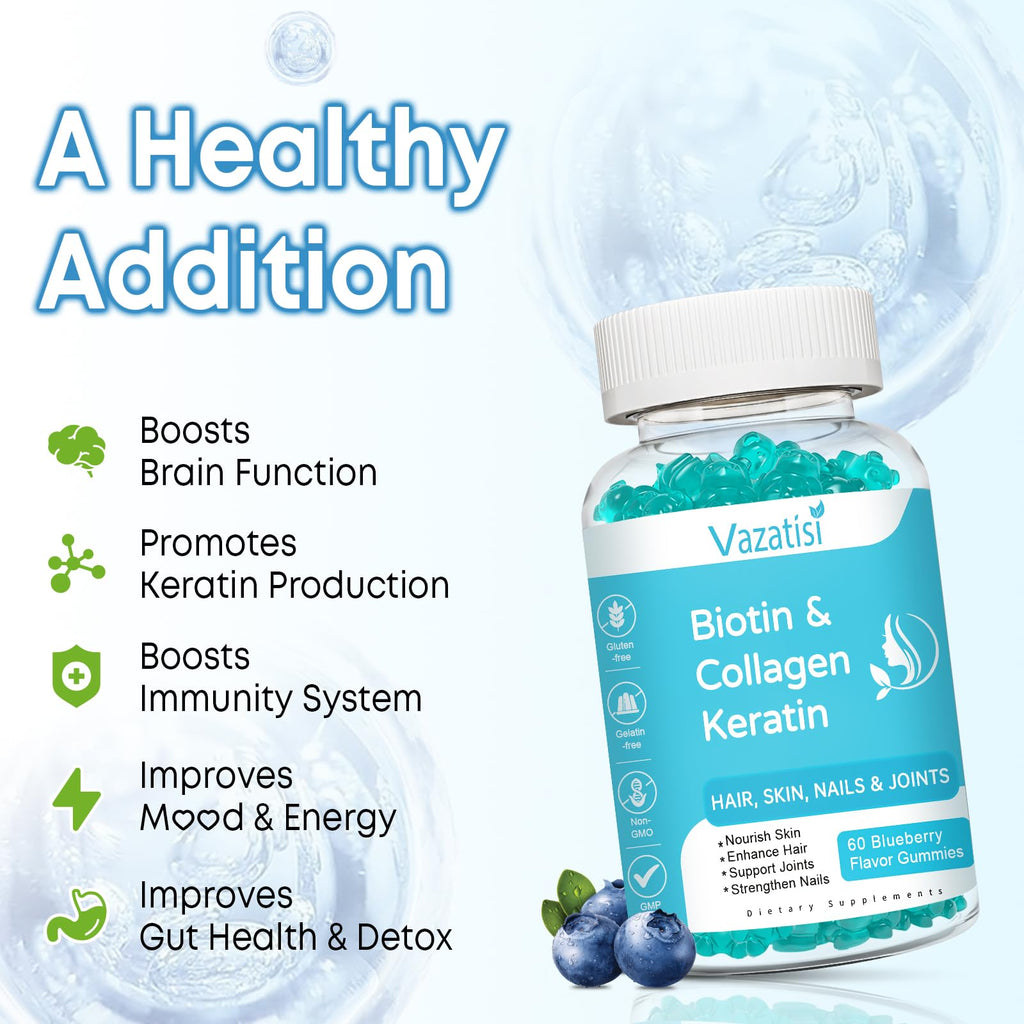 Biotin Gummies with Collagen and Keratin – Hair and Nails Support (Blueberry, 60)