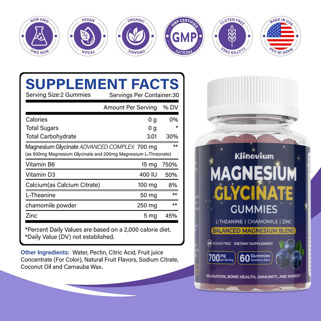 700mg Magnesium Glycinate Gummies – Highly Absorbed Sugar-Free Magnesium with L-Theanine & B6 (Blueberry)