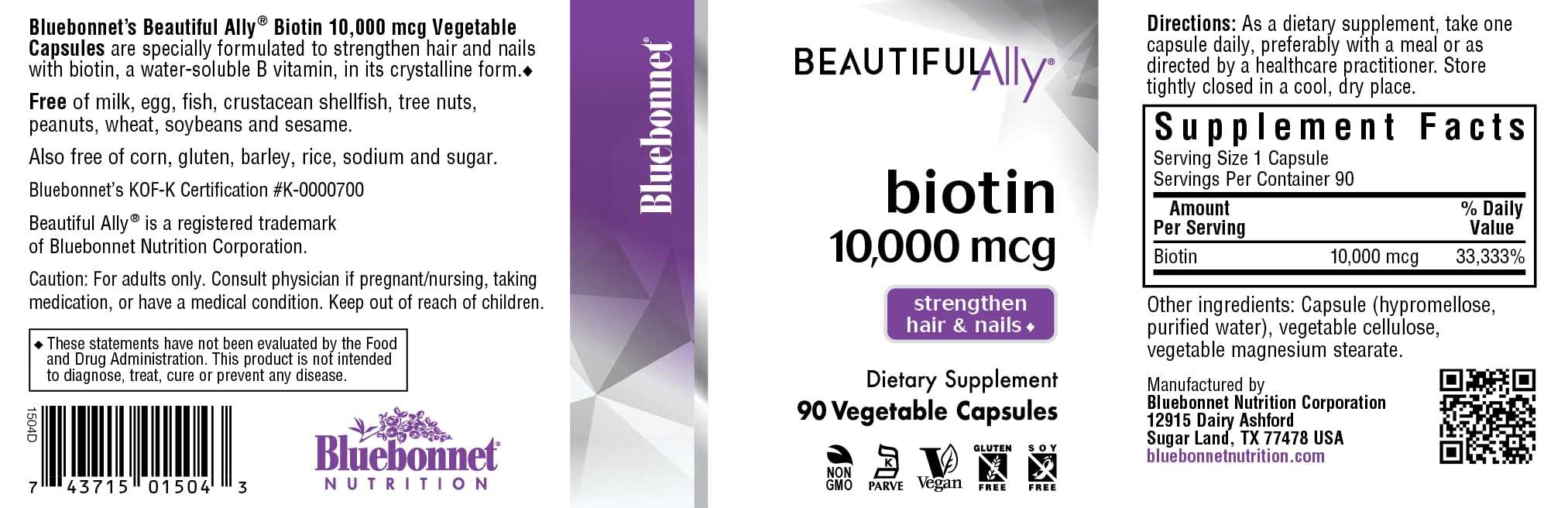 Bluebonnet Beautiful Ally Biotin 10,000 mcg – Hair & Nails, 90 Veg Capsules