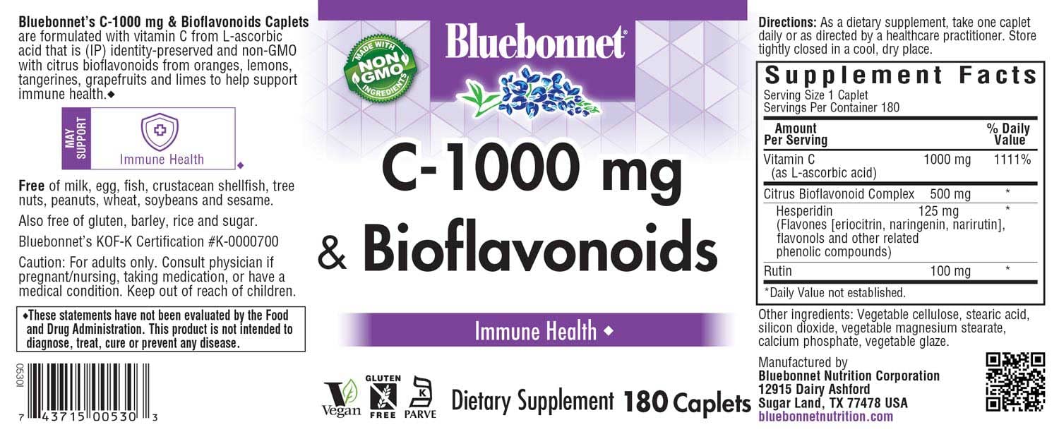 Bluebonnet Nutrition C-1000 mg Plus Bioflavonoids Caplets | Vitamin C 1000 mg with Citrus Bioflavonoids, 180 Caplets