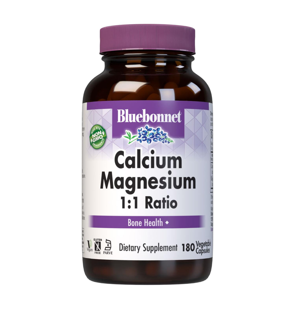 Bluebonnet Calcium Magnesium 1:1 Ratio Vegetarian Capsules - 180 Count - White