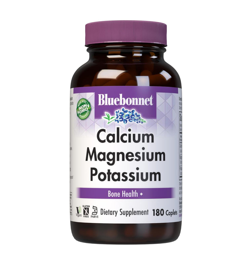 Bluebonnet Calcium Magnesium Potassium - 1000mg Calcium, 400mg Magnesium, 99mg Potassium - Vegan, Non-GMO, Gluten-Free - 180 Caplets