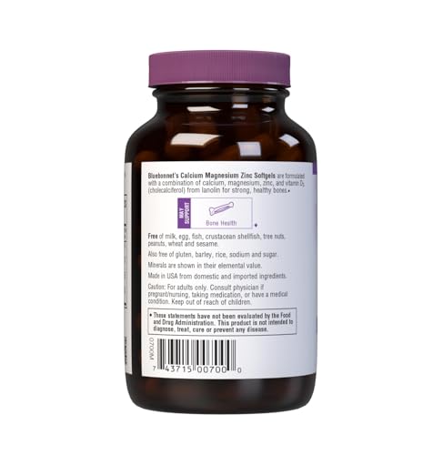 Bluebonnet Calcium Magnesium Zinc + Vitamin D3 Softgels, 60 Softgels, Gluten-Free