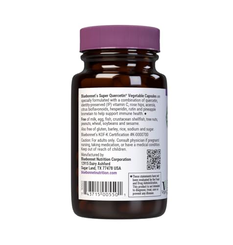 Bluebonnet Nutrition Super Quercetin Vegetable Capsules, Vitamin C Formula, Best for Seasonal & Immune Support, Non GMO, Gluten Free, Soy Free, Milk Free, Kosher, 30 Vegetable Capsules
