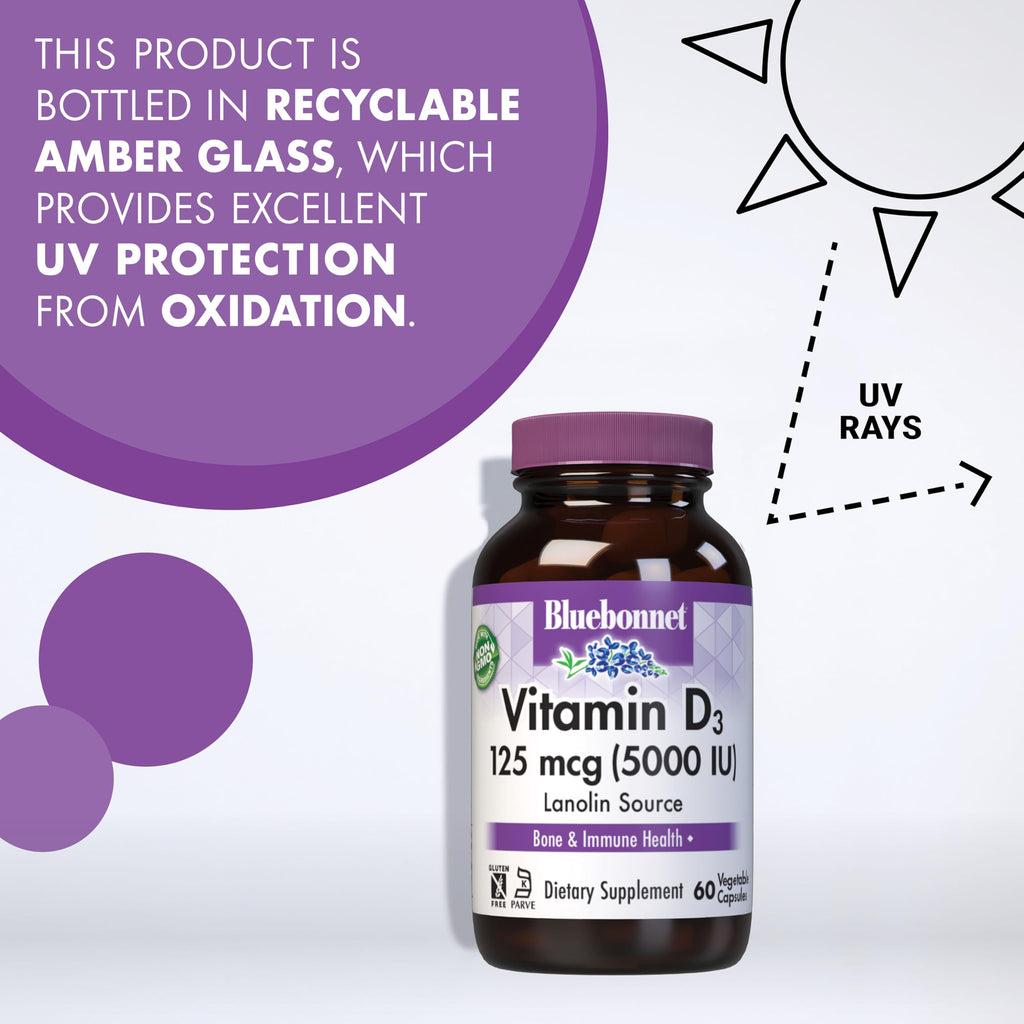 Bluebonnet Vitamin D3 5000 IU (125 mcg) – 120 Veggie Capsules | Strong Bones & Immune Support