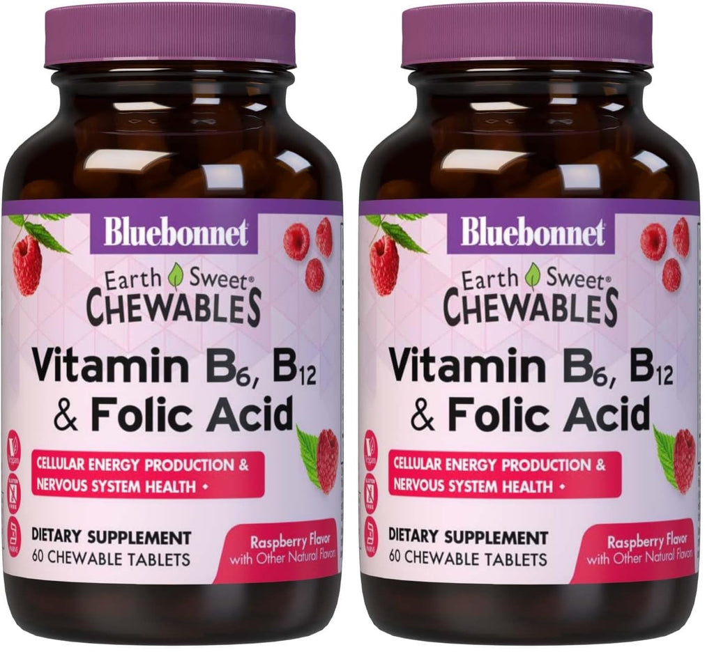 BlueBonnet Nutrition Earth Sweet Vitamin B6, B12 & Folic Acid Chewable – Raspberry – Vegan, Gluten Free – 60 Tablets Pack of 2