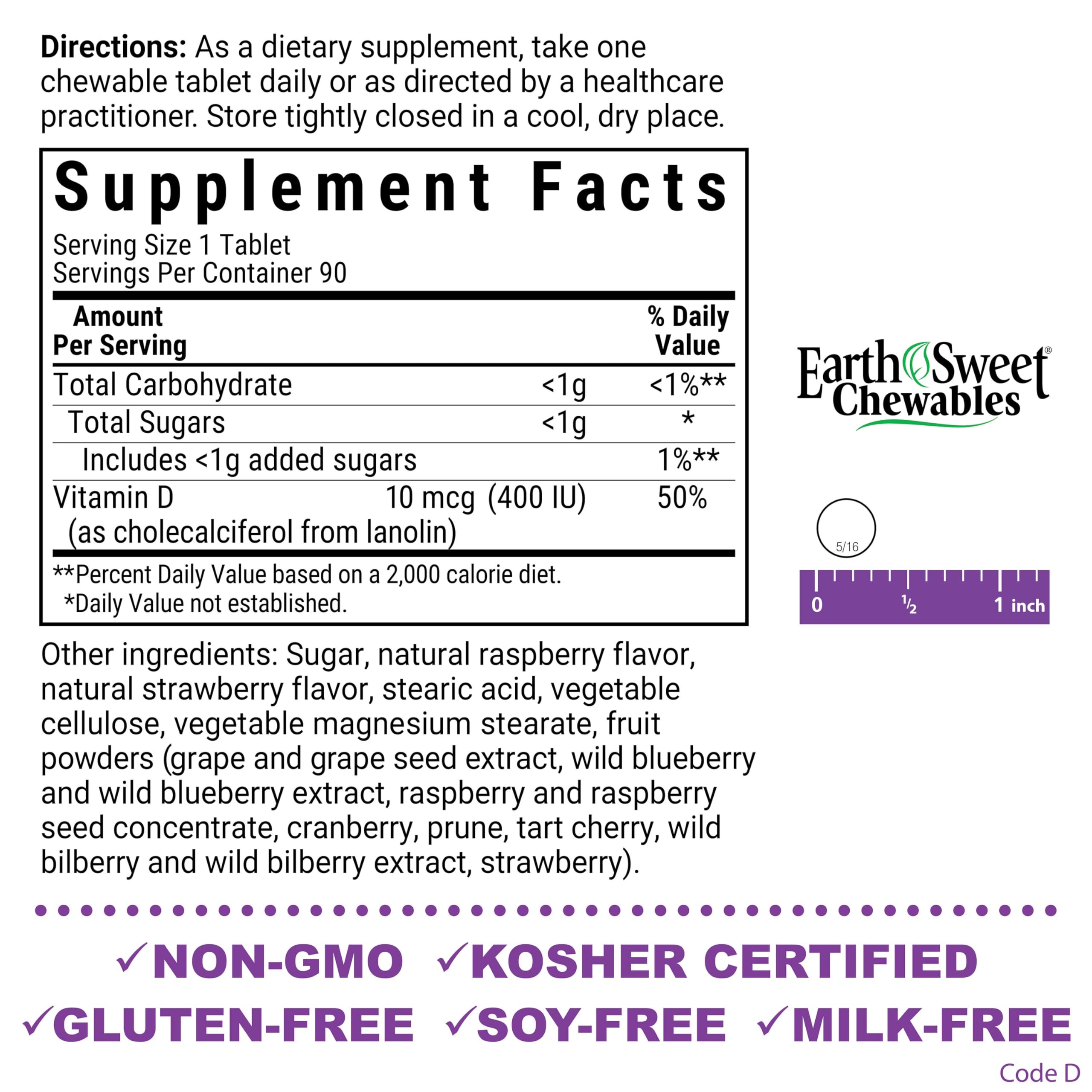 Bluebonnet Nutrition EarthSweet Vitamin D3 400 IU - 90 Chewables | Bone & Immune Support