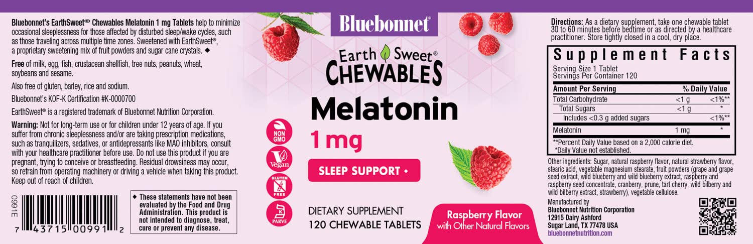 Bluebonnet EarthSweet Melatonin 1 mg Fast-Acting Chewables – Raspberry Flavor | Gluten-Free & Vegan