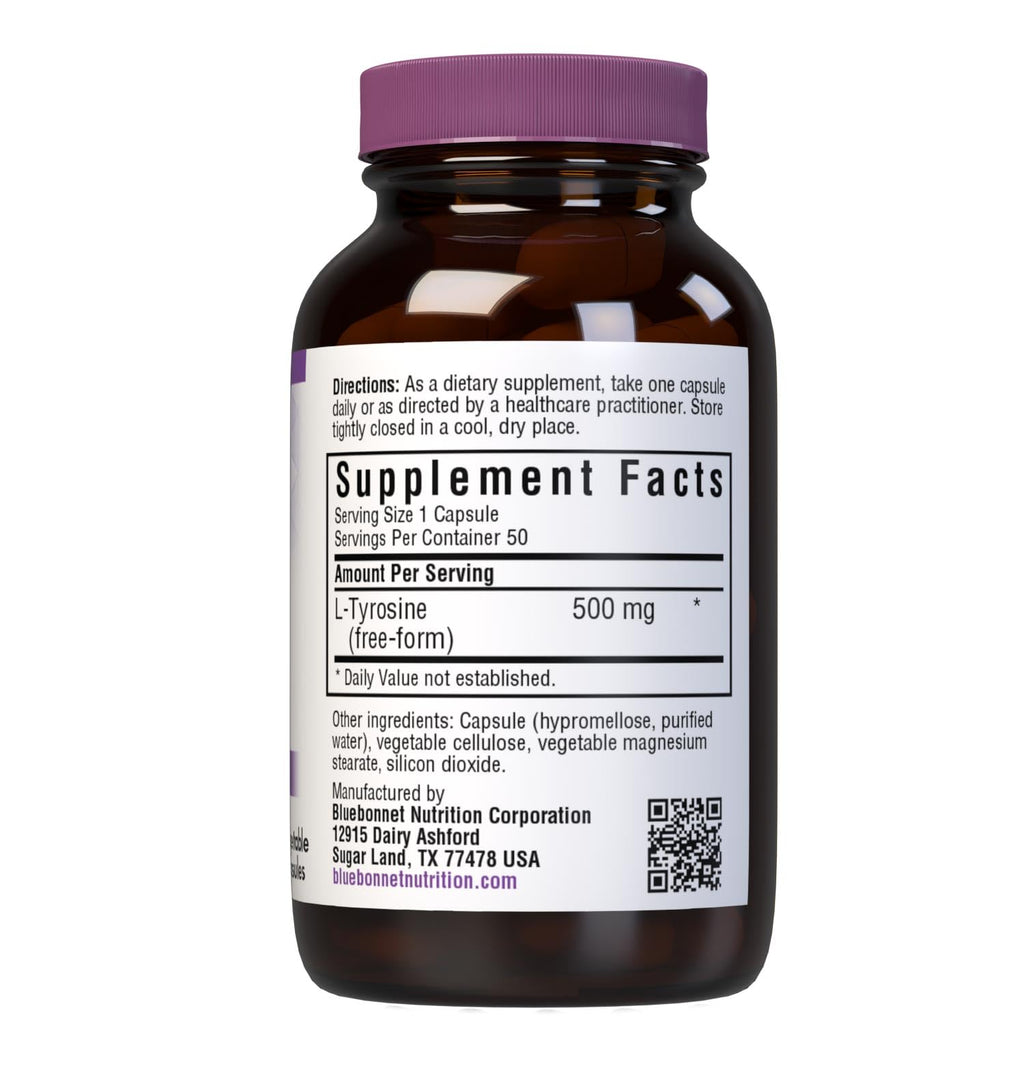Bluebonnet L-Tyrosine 500 mg – 50 Count Capsules | Stress & Thyroid Support