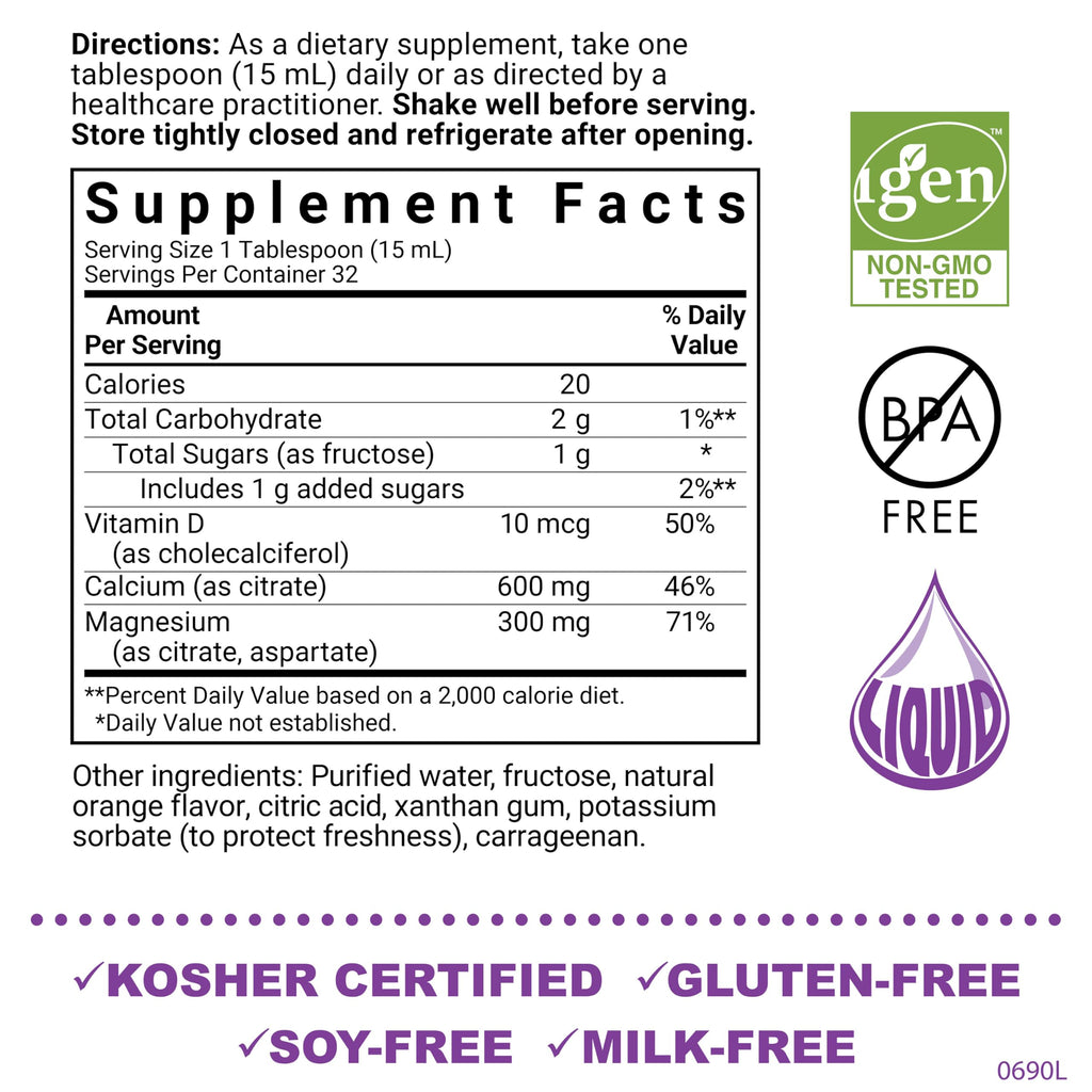 Bluebonnet Liquid Calcium Magnesium Citrate + Vitamin D3 - 16 oz Orange (32 Servings) | Gluten Free, Soy Free, Kosher