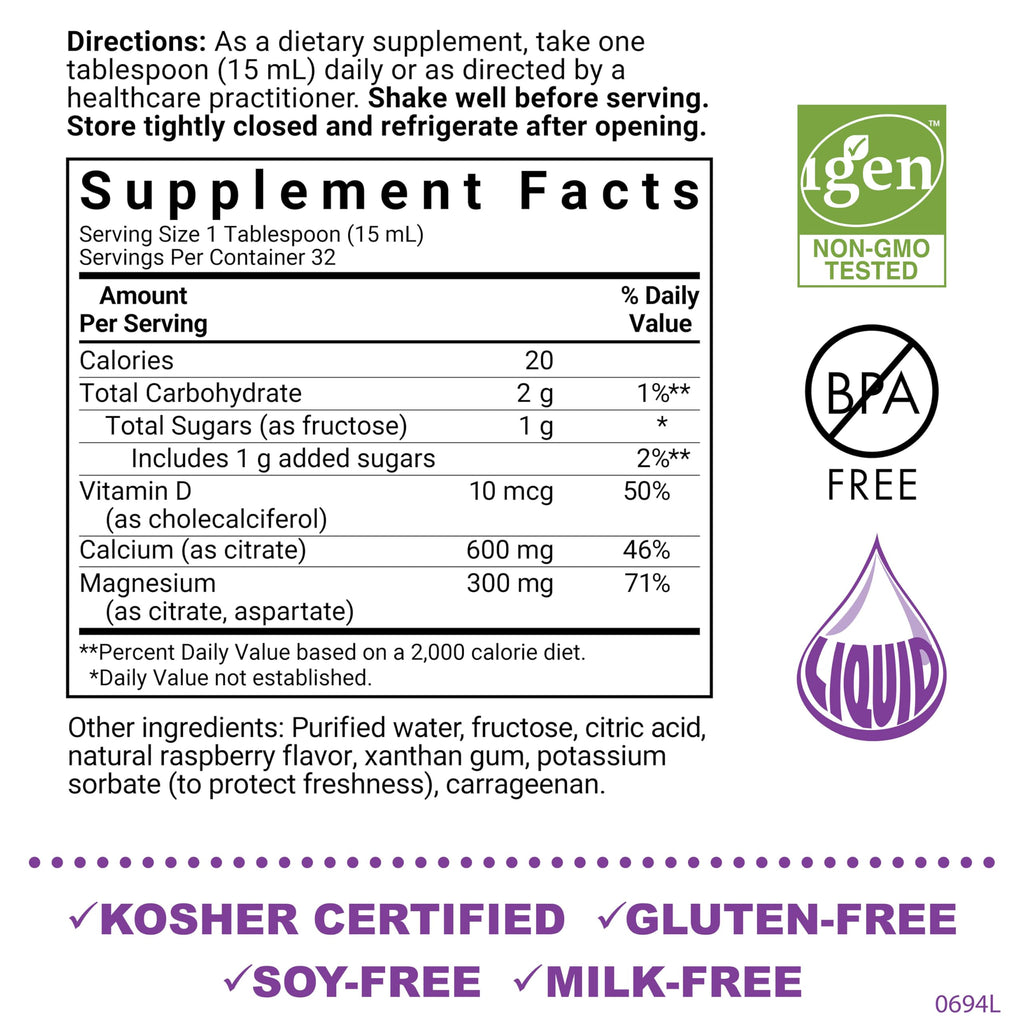 Bluebonnet Nutrition Liquid Calcium Magnesium Citrate with Vitamin D3 - Raspberry Flavor, 16 fl oz | 32 Servings | Gluten Free, Soy Free, Kosher