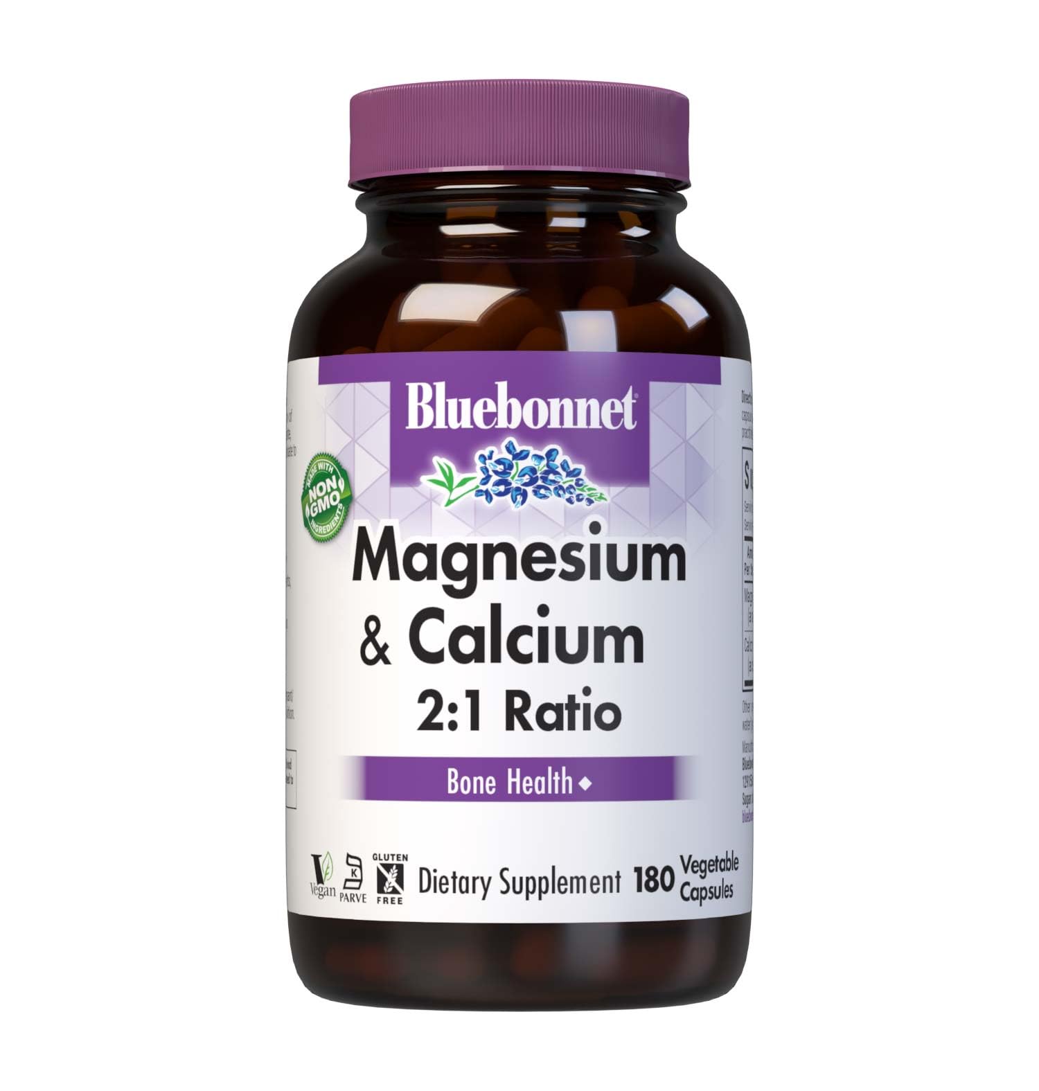 Bluebonnet Magnesium & Calcium 2:1 Ratio – Bone Health, Non-GMO, Vegan | 180 Veg Capsules