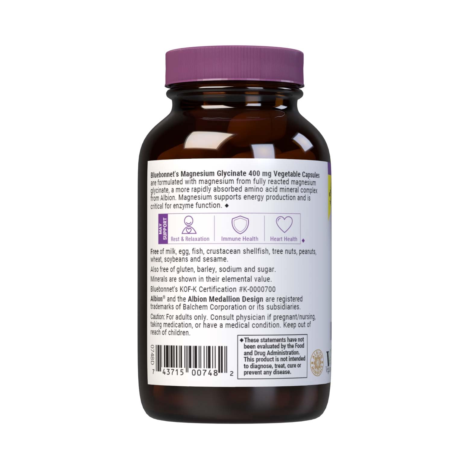 Bluebonnet Magnesium Glycinate 400 mg – 60 Veg Capsules | Non-GMO, Vegan, Kosher, Gluten-Free