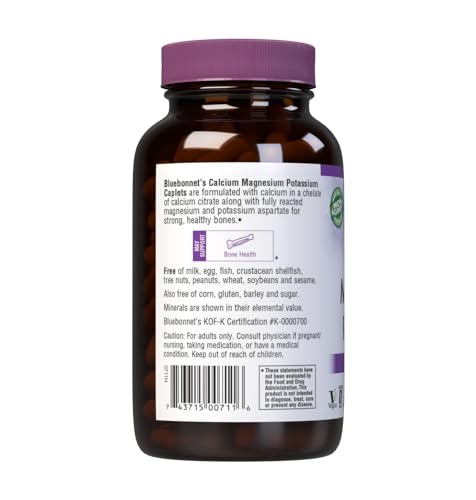 Bluebonnet Calcium Magnesium Potassium - 1000mg Calcium, 400mg Magnesium, 99mg Potassium - Vegan, Non-GMO, Gluten-Free - 180 Caplets