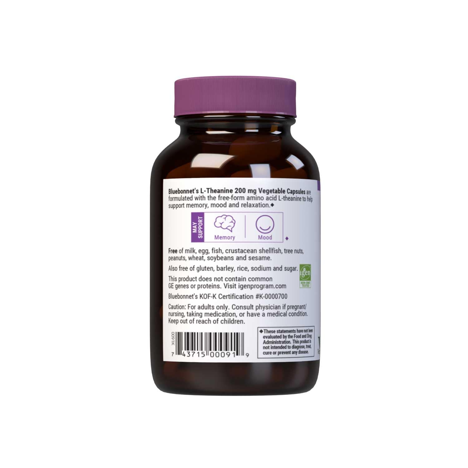 Bluebonnet L-Theanine 200mg – Free-Form Amino Acid, 60 Veg Capsules