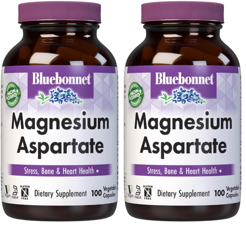 Bluebonnet Nutrition Magnesium 400 mg Chelated Magnesium Aspartate Daily Mineral — Heart & Bone Support, Vegan & Non-GMO | 100 Veg Capsules (Pack of 2)