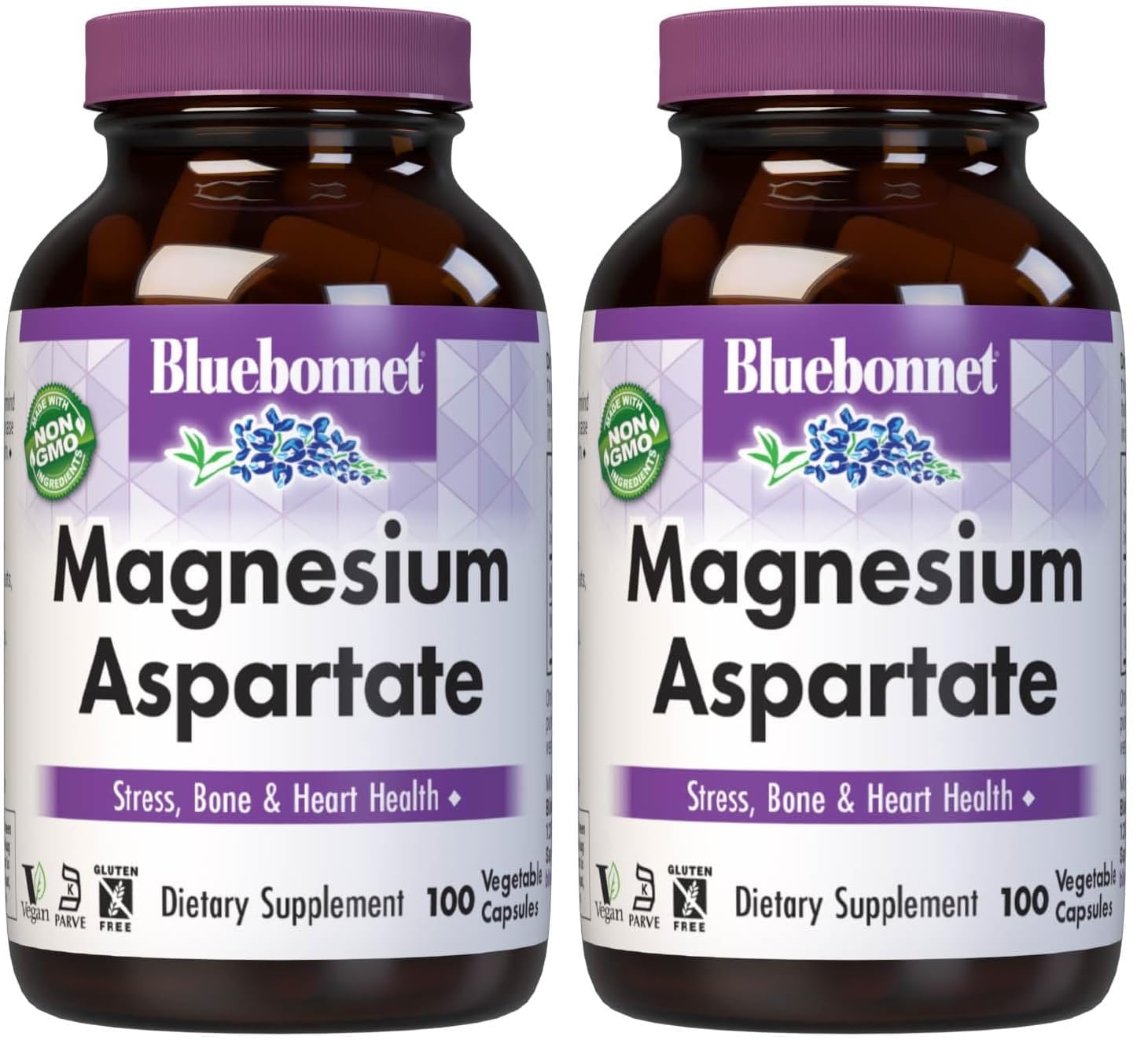 Bluebonnet Nutrition Magnesium 400 mg Chelated Magnesium Aspartate Daily Mineral — Heart & Bone Support, Vegan & Non-GMO | 100 Veg Capsules (Pack of 2)