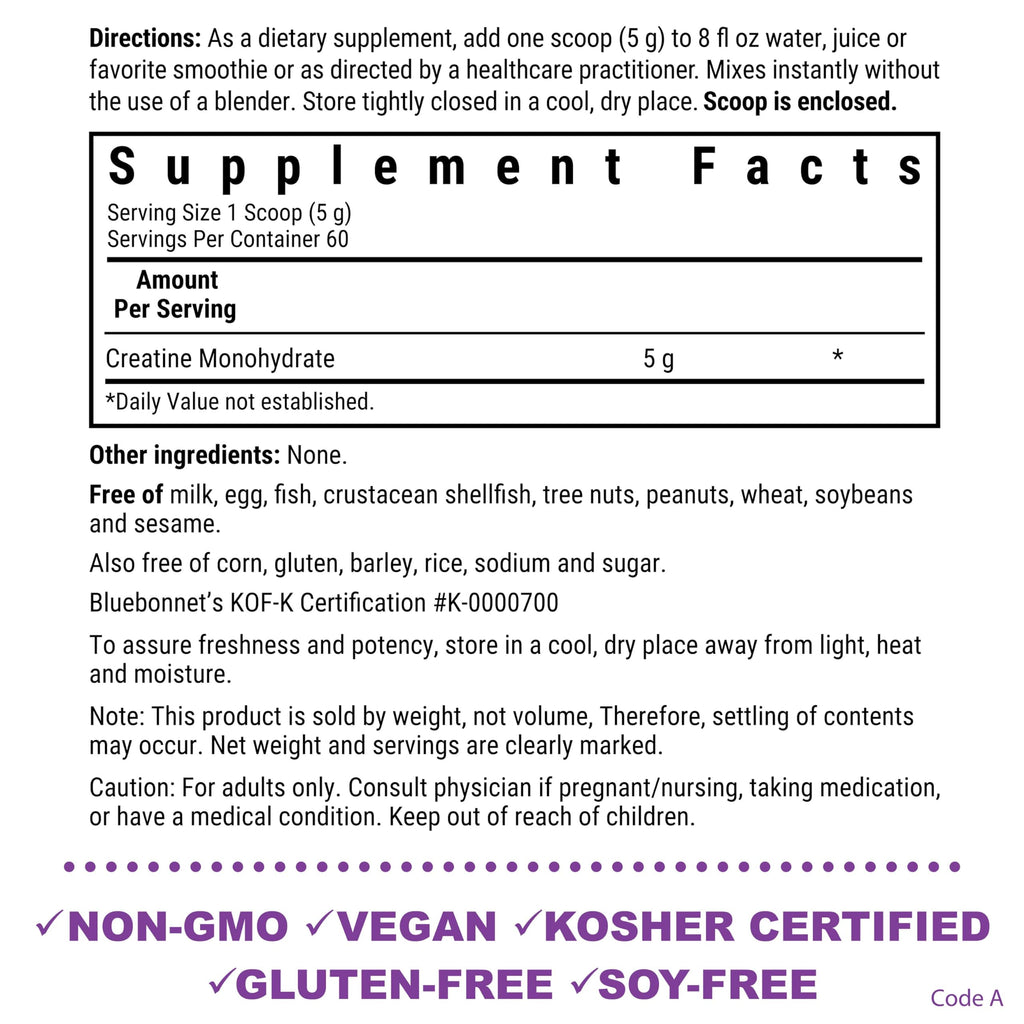 BlueBonnet Nutrition Micronized Creatine Monohydrate 5 g – Lean Muscle Support, Non-GMO, Vegan, Kosher, Gluten-Free, Soy/Milk-Free – Unflavored, 10.58 oz (60 Servings)
