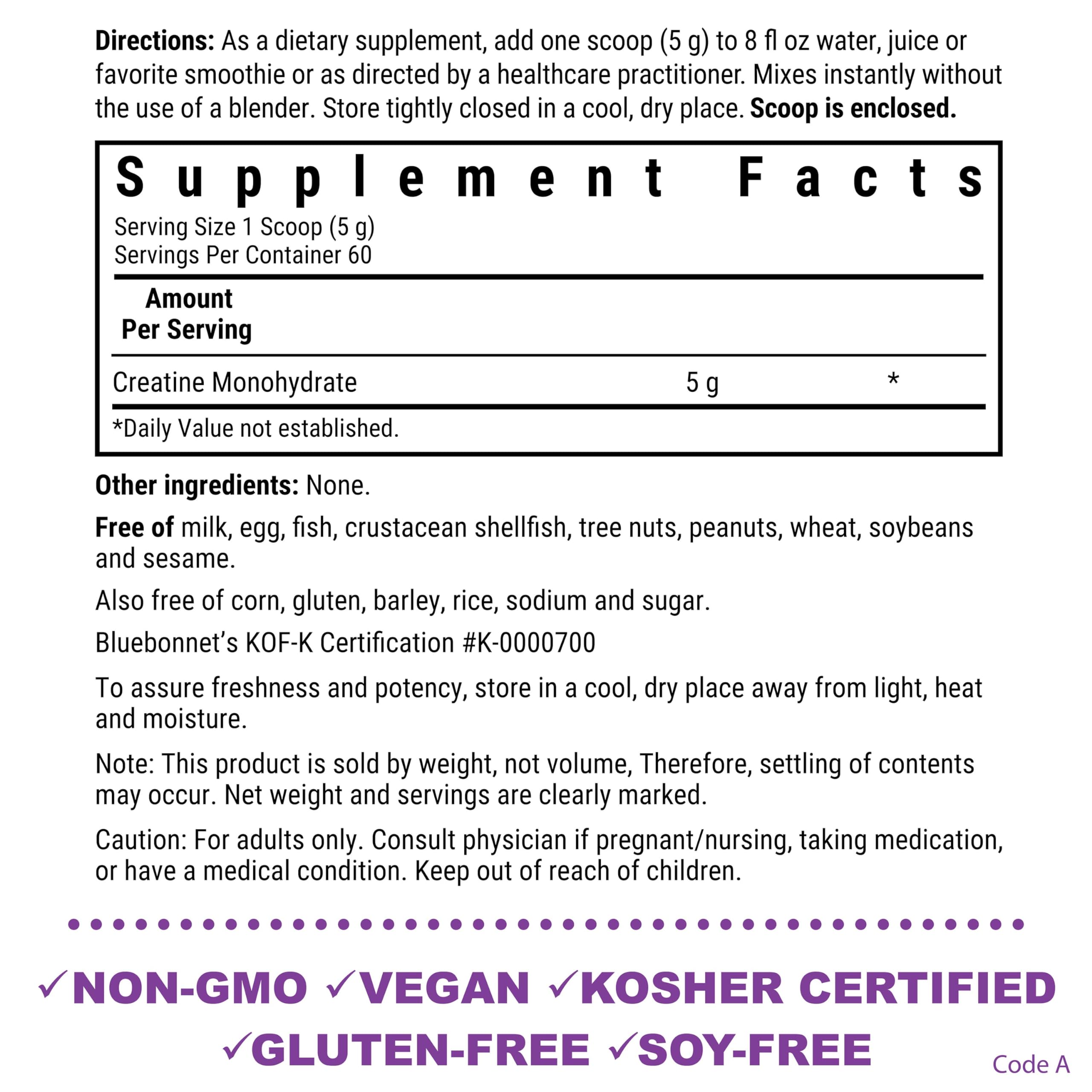 BlueBonnet Nutrition Micronized Creatine Monohydrate 5 g – Lean Muscle Support, Non-GMO, Vegan, Kosher, Gluten-Free, Soy/Milk-Free – Unflavored, 10.58 oz (60 Servings)