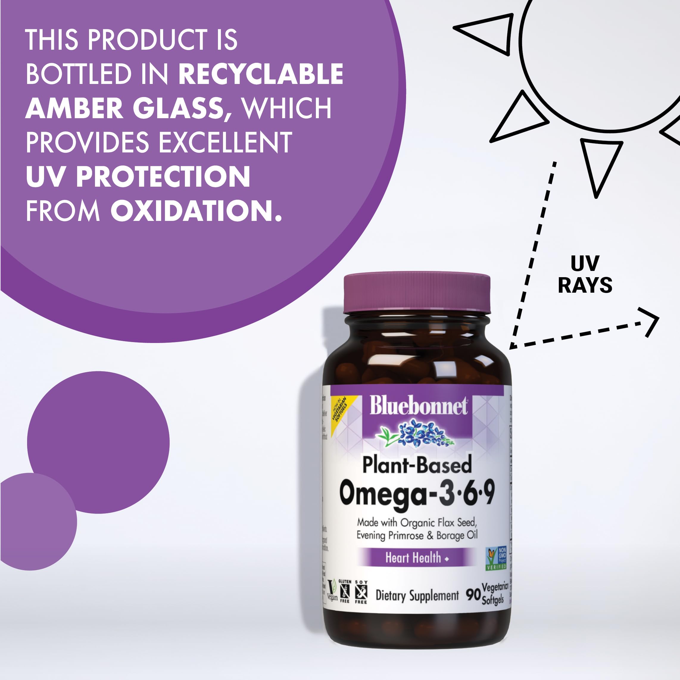 Bluebonnet Nutrition Plant Based Omega 3-6-9-1000 mg – for Heart Health* – Highly Absorbable Cold Pressed Oil – Non-GMO Project Verified, Vegan – Free of Gluten, Soy & Milk - 90 Softgels, 90 Serving