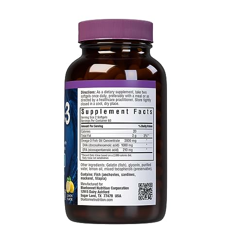 BlueBonnet Omega-3 Brain Formula – Wild-Caught DHA 1000 mg, EPA 210 mg | Burpless Lemon Softgels