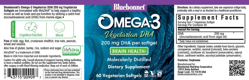 BlueBonnet Natural Omega-3 DHA Vegetarian Softgels 200 mg, 60 Count