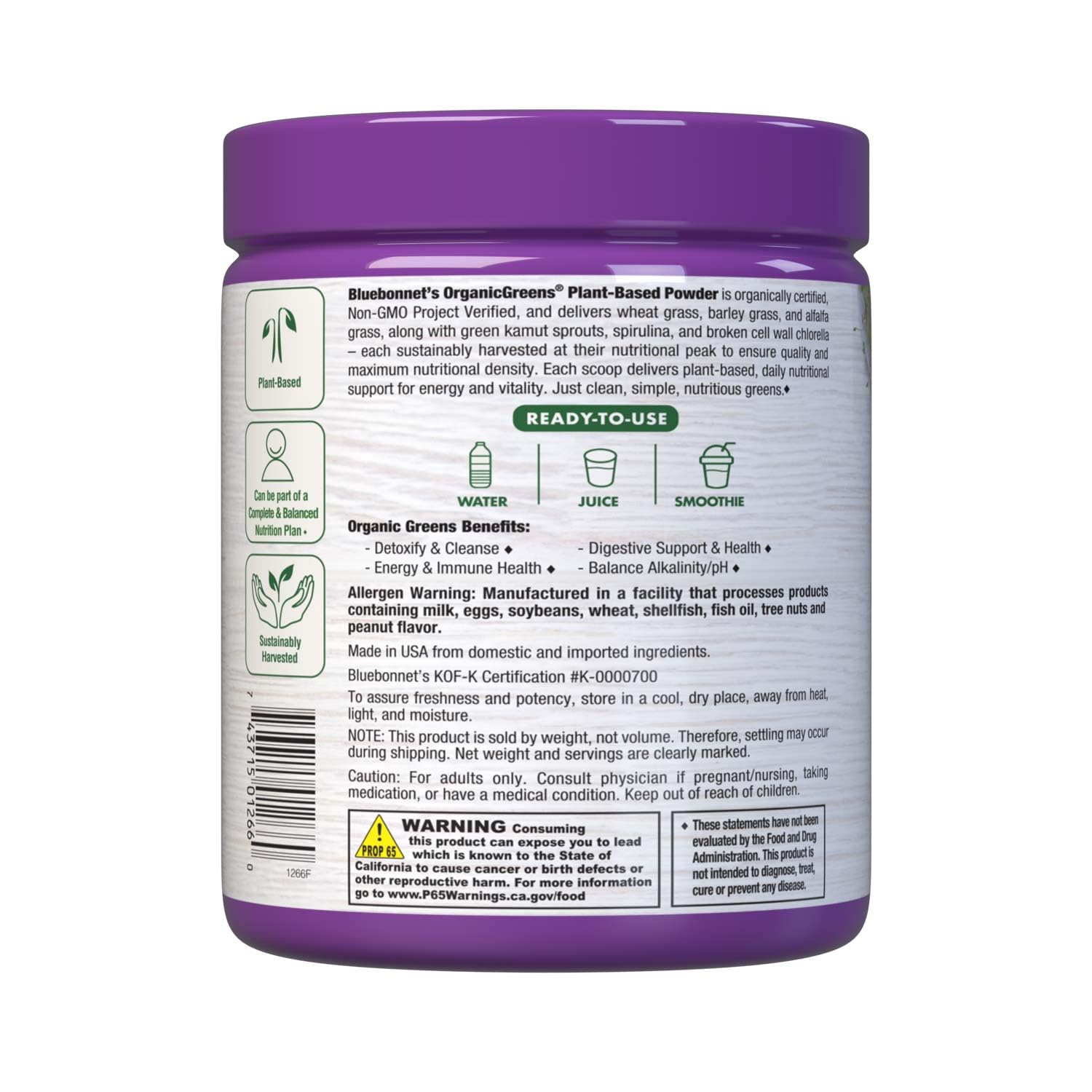 Bluebonnet OrganicGreens Green Powder 7.4 oz – Plant-Based Daily Nutrition