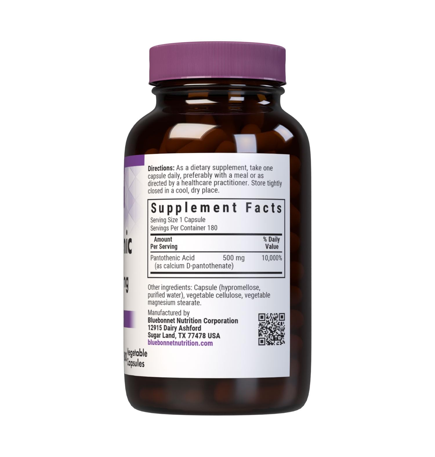 Bluebonnet Pantothenic Acid 500 mg Vegetable Capsules – 180 Count