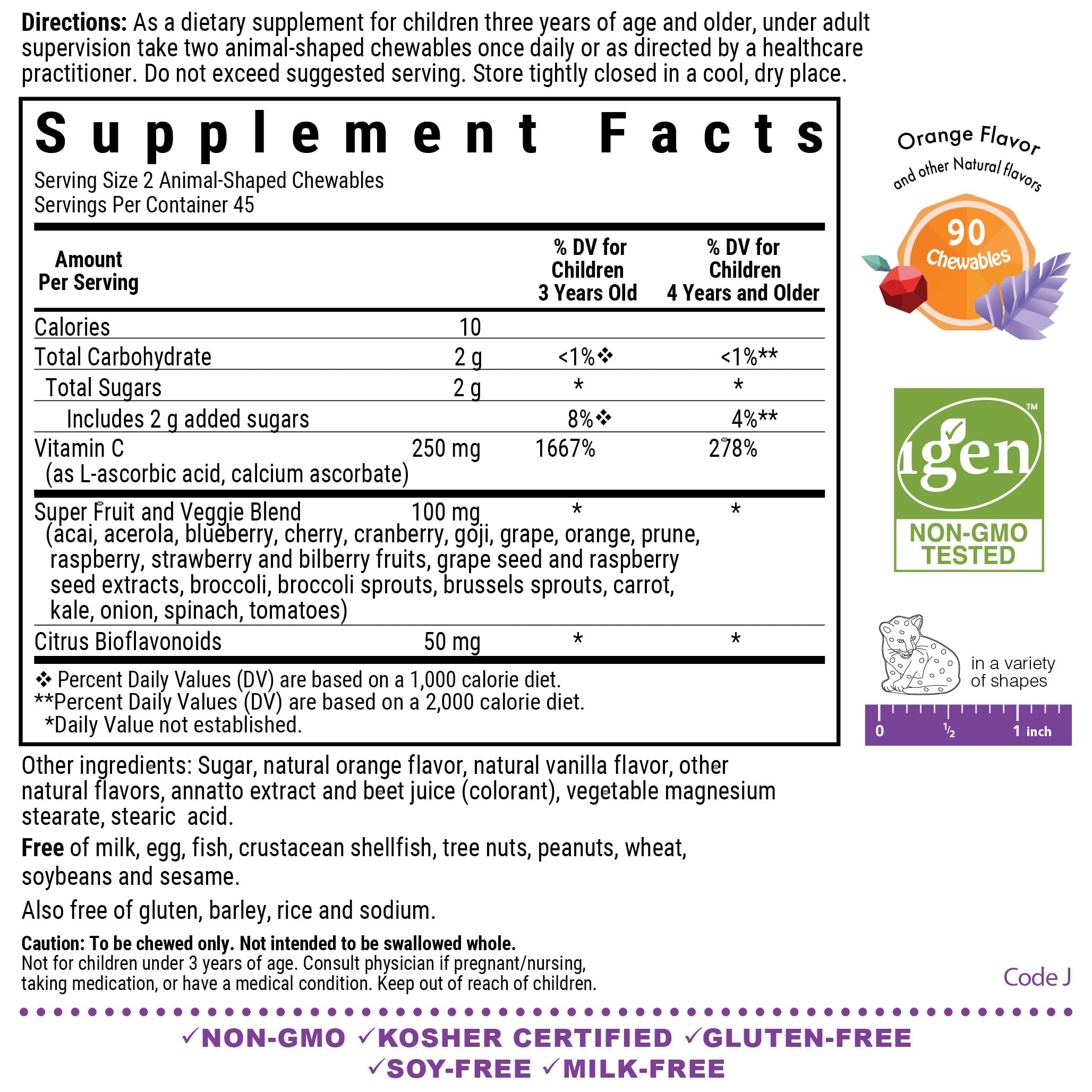 Bluebonnet Rainforest Animalz Vitamin C for Kids – 90 Chewables, 250 mg