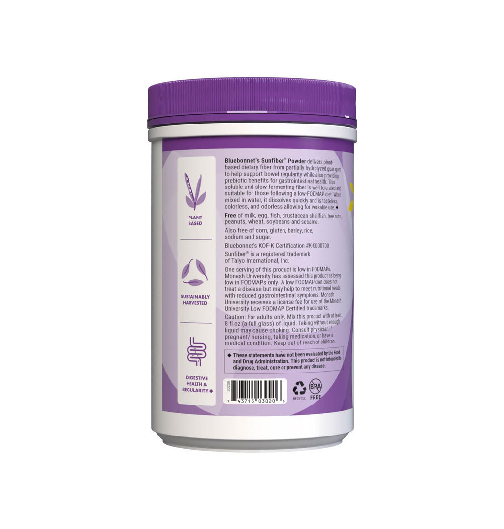BlueBonnet Nutrition Sunfiber – 6 g Plant-Based Prebiotic Soluble Fiber – Supports Digestive Health* - Instant Dissolve – Non-GMO, Vegan, Kosher, Low-FODMAP – Unflavored, 7.4 OZ, 30 Servings