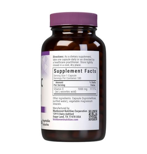 Bluebonnet Nutrition Vitamin C 1000 mg Veggie Capsules | Immune Support, Skin Health | Non-GMO, Vegan, Kosher | 180 Count