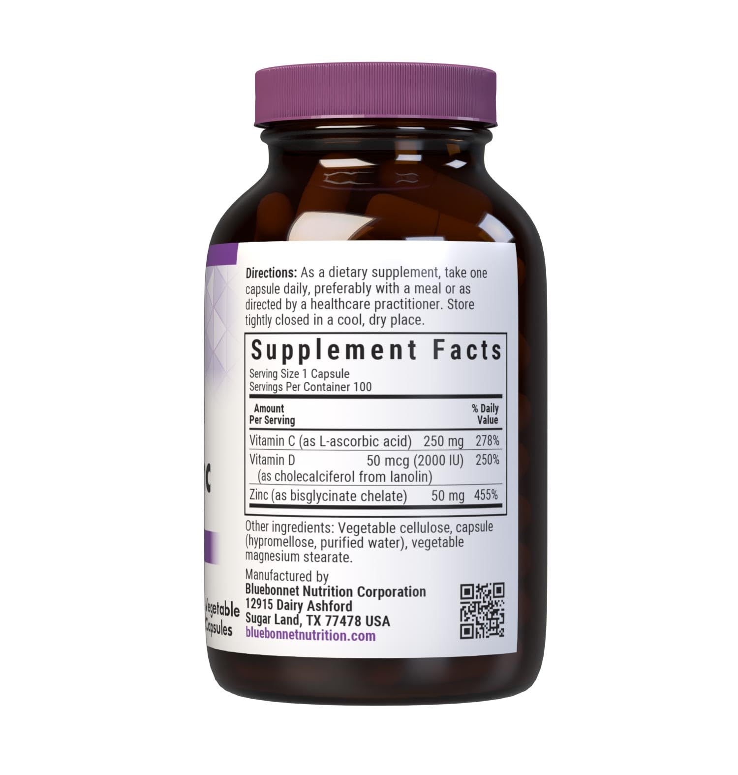 Bluebonnet Vitamin C, D3 & Zinc — Immune Support, 100 Veg Capsules