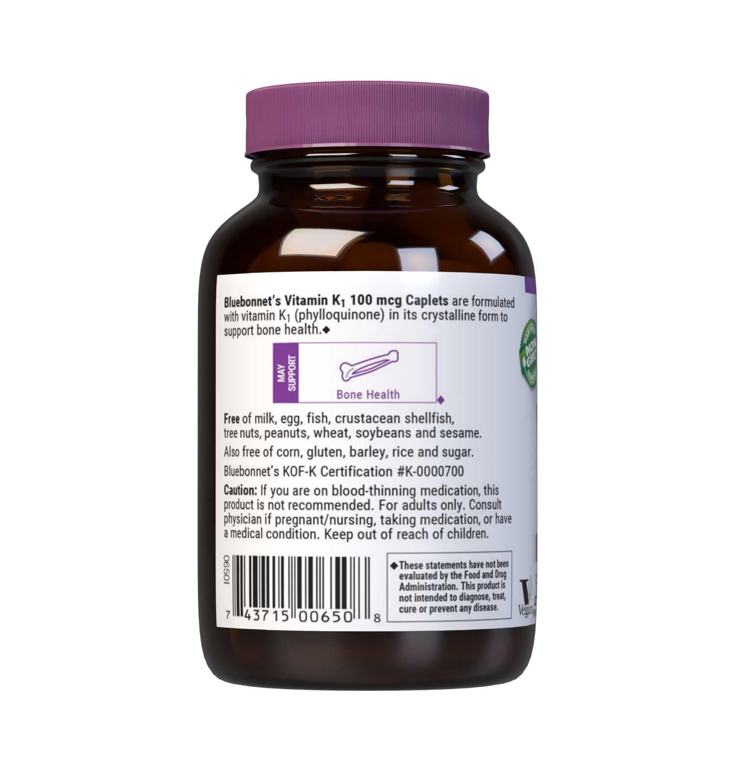 Bluebonnet Vitamin K1 100 mcg - Supports Bone Health | Phylloquinone Crystalline Vitamin K1 - Non-GMO, Vegan, Kosher, Gluten-Free, Dairy-Free - 100 Vegan Caplets