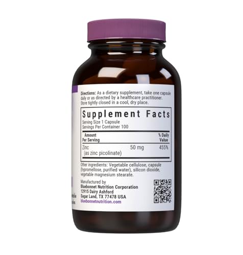 Bluebonnet Zinc Picolinate 50 mg Capsules – Immune & Hormonal Health, Vegan