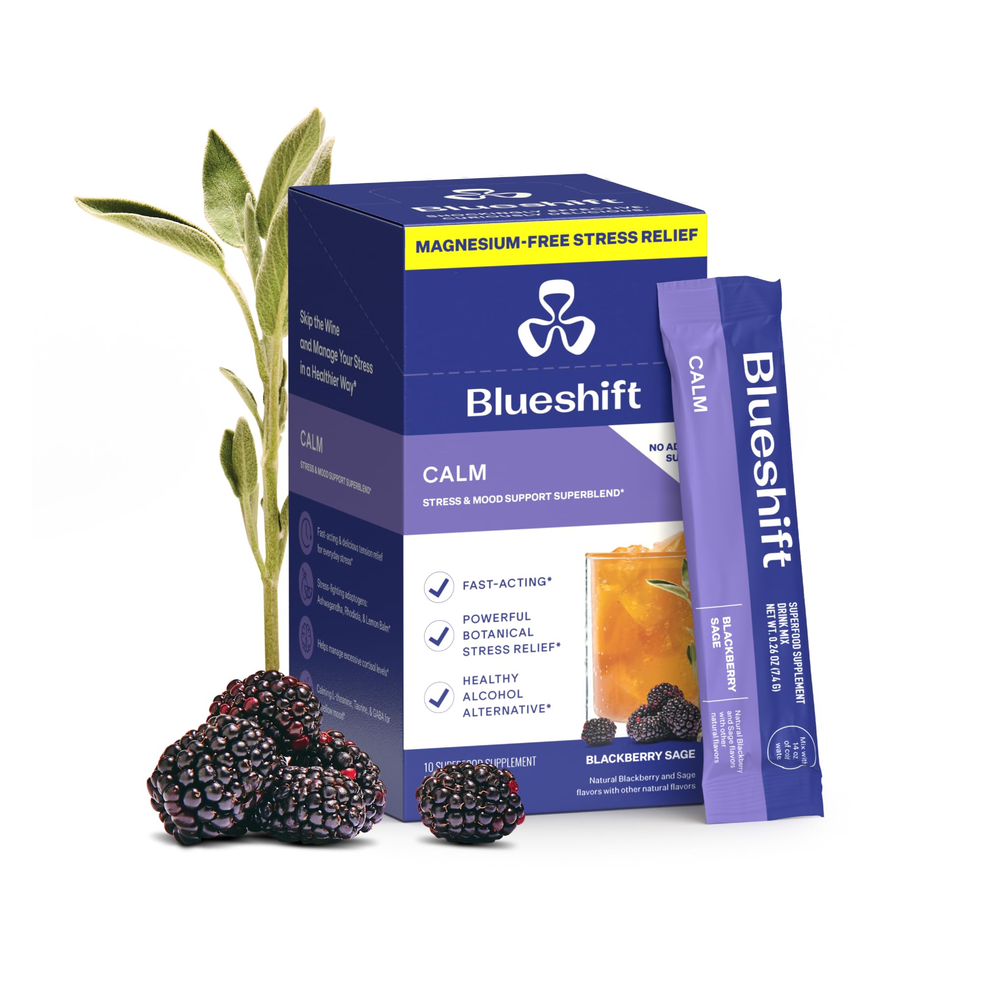 Blueshift Stress Relief Drink Mix - Blackberry Sage (Zero-Sugar, 10 ct) with Ashwagandha, L-Theanine & GABA