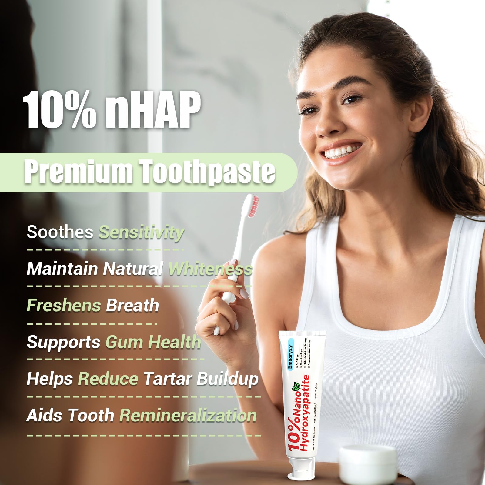 Bmboryxa 10% Nano Hydroxyapatite Toothpaste – SLS & Fluoride Free, Whitening, Sensitive Teeth (4.23oz Mint)