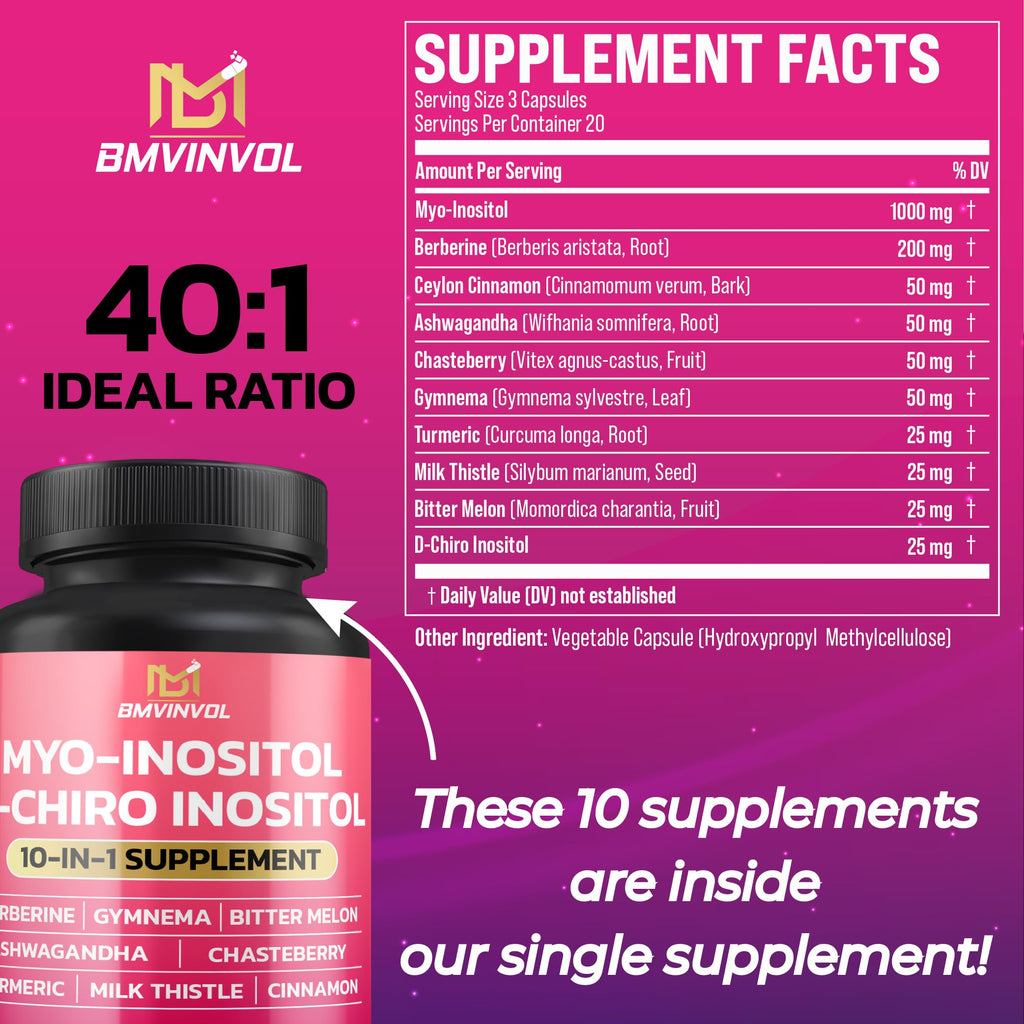 BMVINVOL Inositol Supplement – 40:1 Myo-Inositol & D-Chiro Inositol, Berberine, Cinnamon, Ashwagandha + 5 More – 60 Capsules