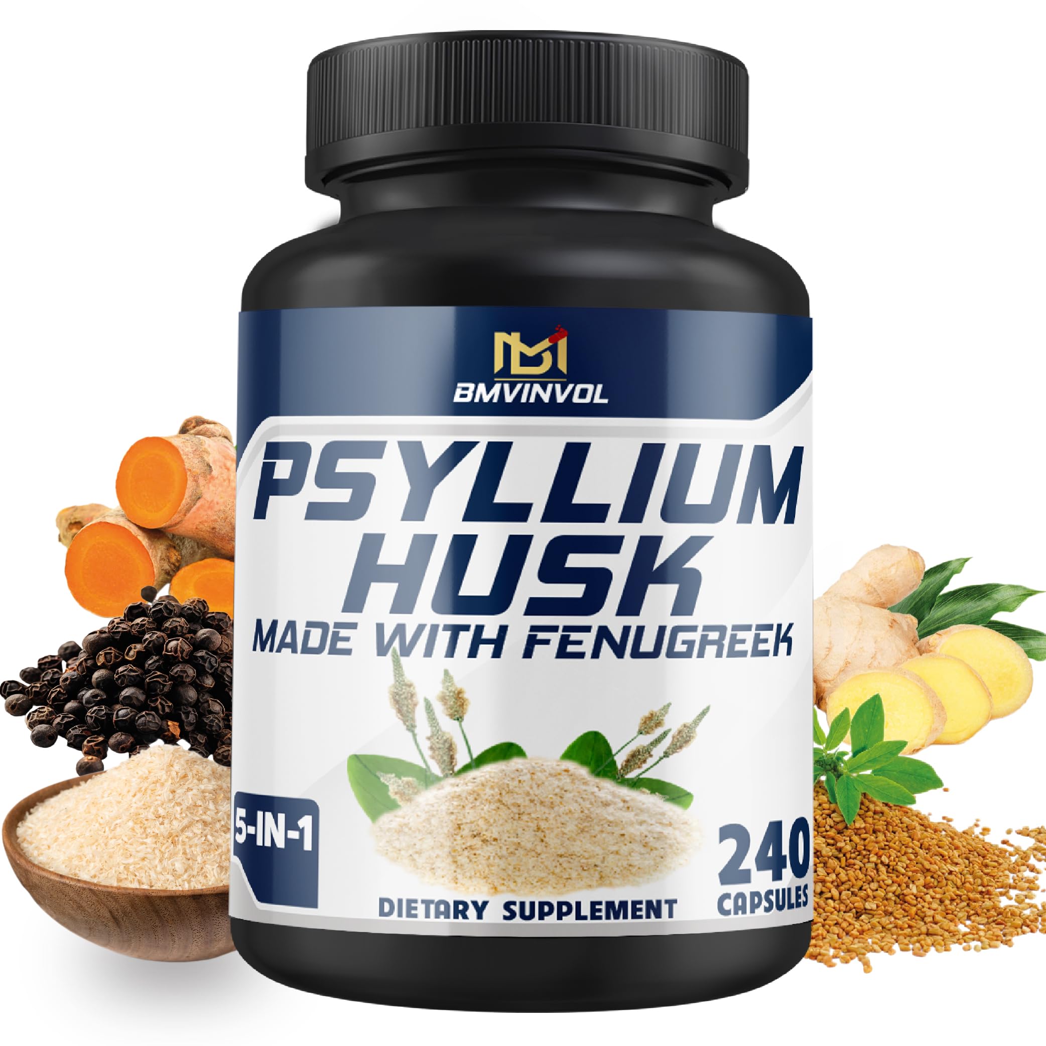 BMVINVOL Psyllium Husk Capsules – Fiber with Fenugreek, Turmeric, Ginger, Black Pepper | 240 Count